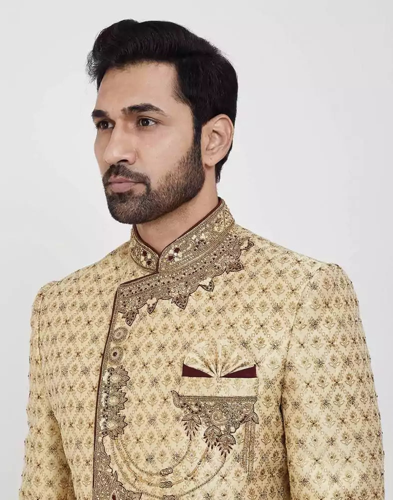 Image of Gold Embroidery Collar Work Style Wedding Sherwani