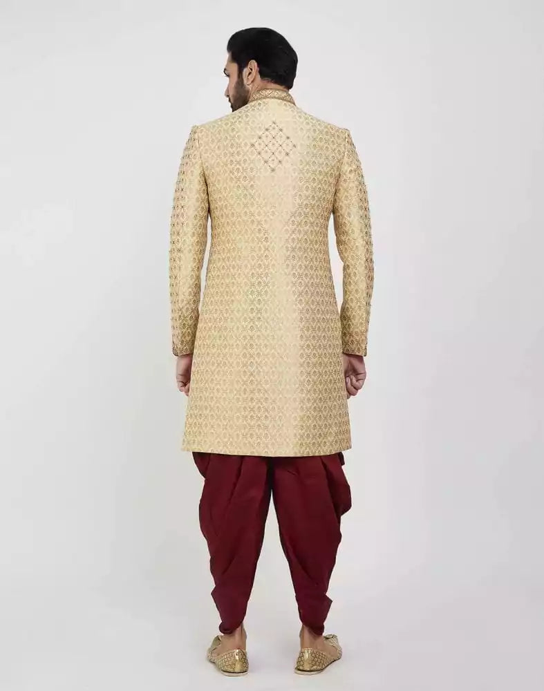 Image of Gold Embroidery Collar Work Style Wedding Sherwani