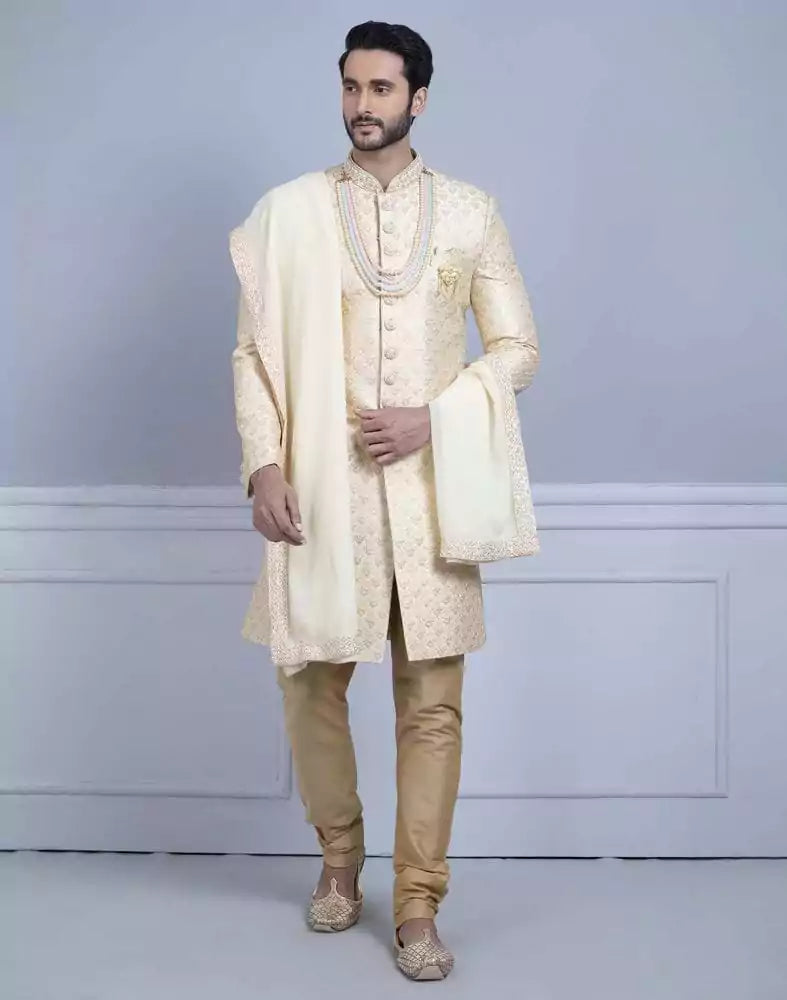 Image of Fawn Art Silk Sherwani With Dupatta