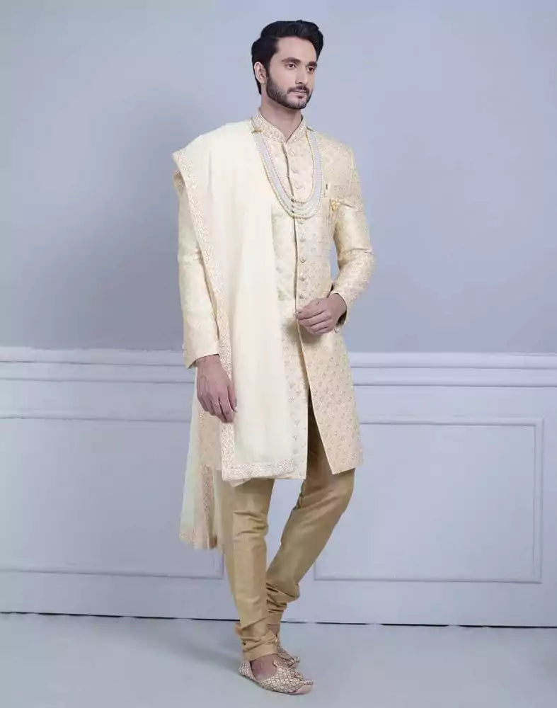 Image of Fawn Art Silk Sherwani With Dupatta