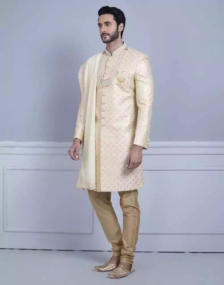 Image of Fawn Art Silk Sherwani With Dupatta