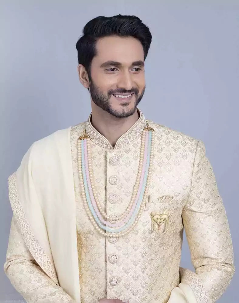 Image of Fawn Art Silk Sherwani With Dupatta