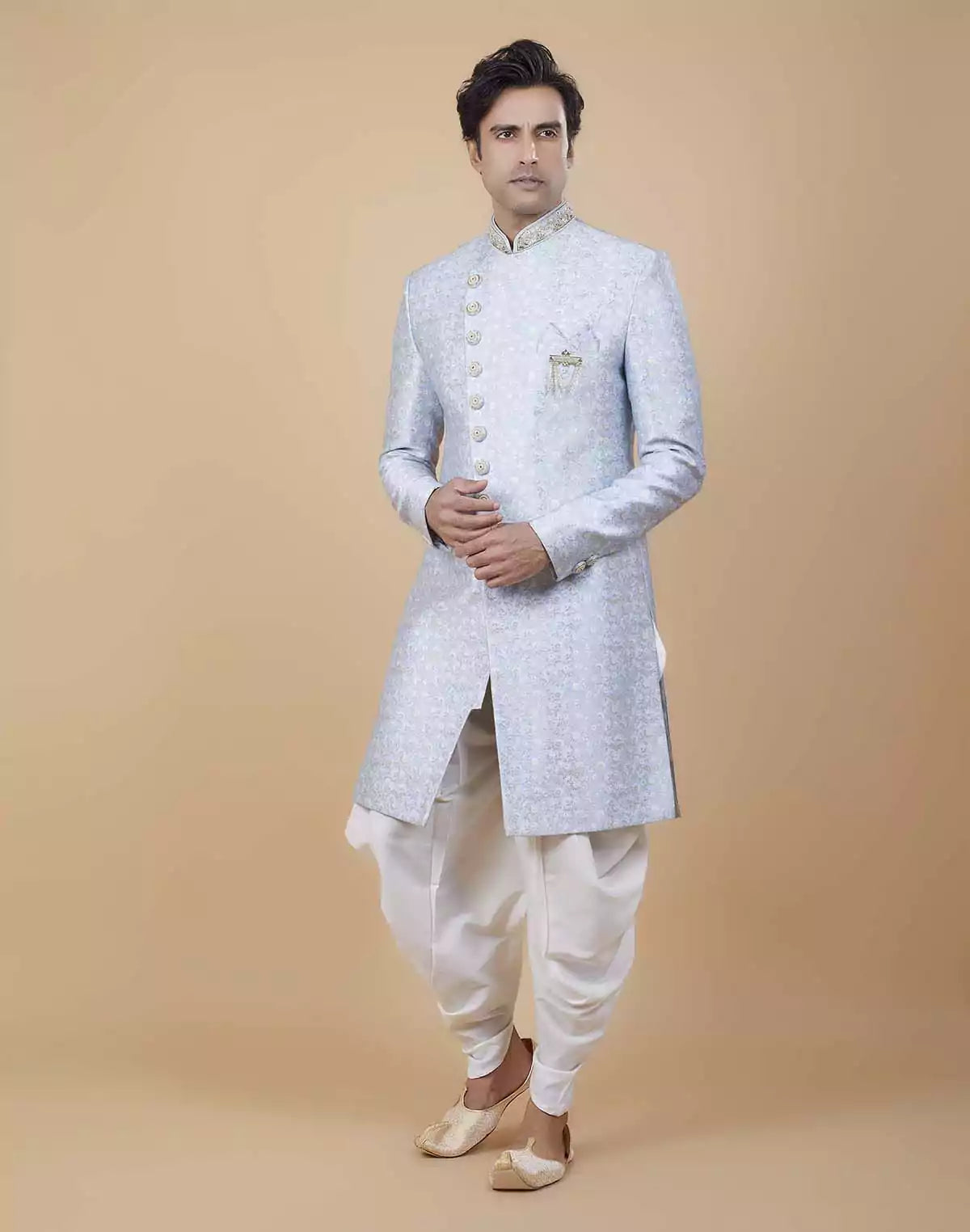 Image of Bright Sky Blue Self Brocade Floral Design Indo Style