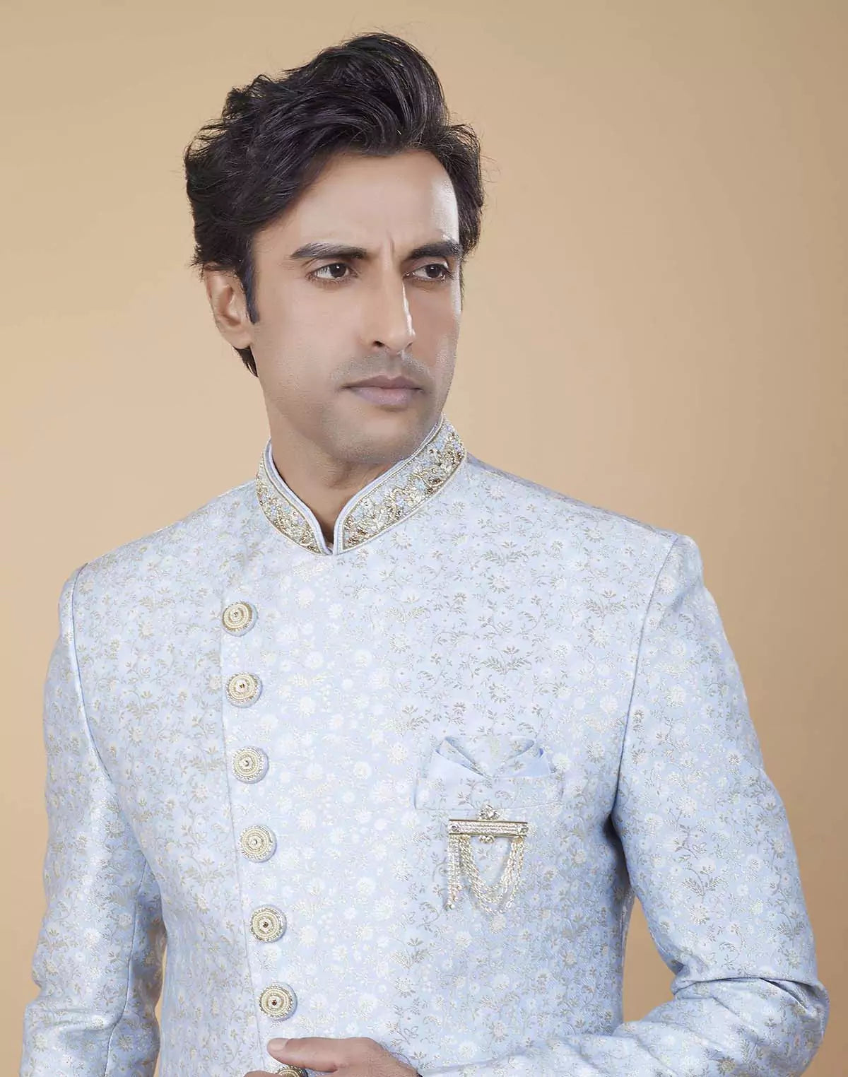 Image of Bright Sky Blue Self Brocade Floral Design Indo Style