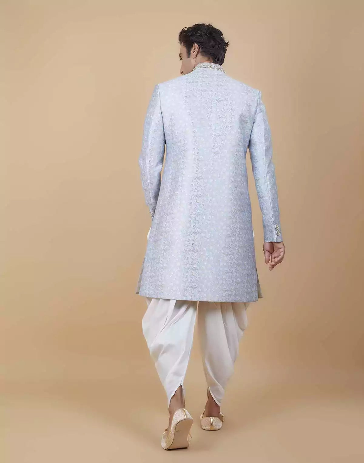 Image of Bright Sky Blue Self Brocade Floral Design Indo Style