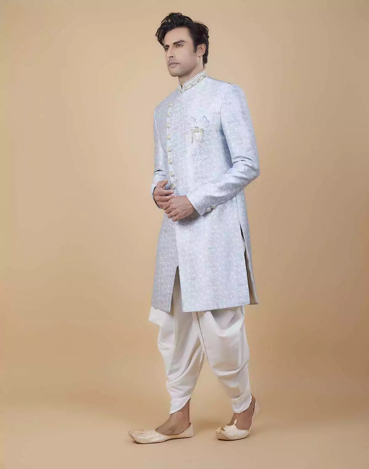 Image of Bright Sky Blue Self Brocade Floral Design Indo Style