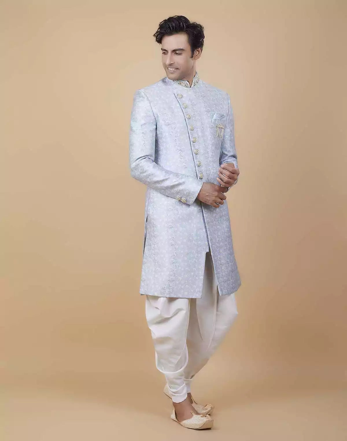 Image of Bright Sky Blue Self Brocade Floral Design Indo Style