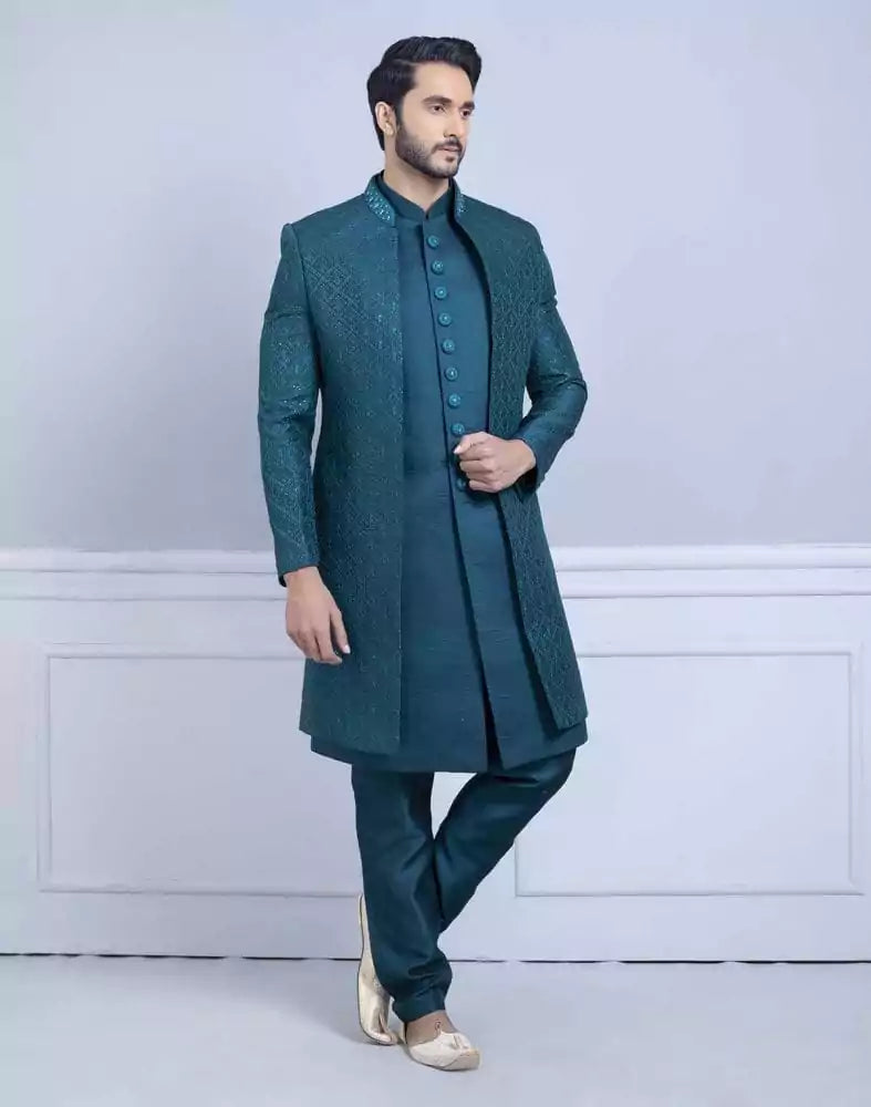Image of Rama Green Self Design Raw Silk Indo Open Jacket Set
