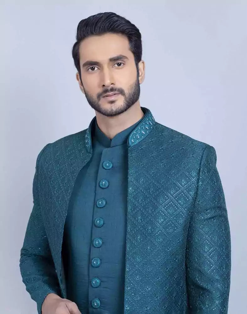 Image of Rama Green Self Design Raw Silk Indo Open Jacket Set
