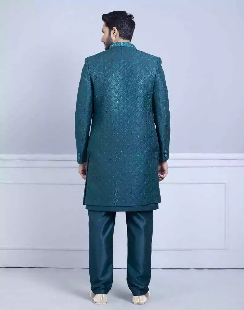 Image of Rama Green Self Design Raw Silk Indo Open Jacket Set