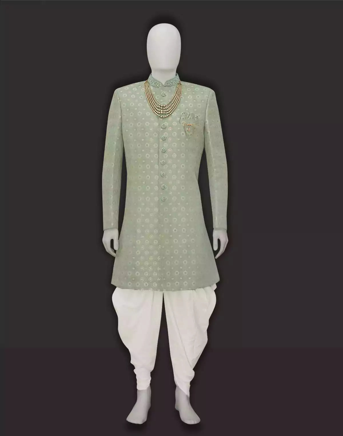 Image of Pista Green Jacquard Fully Self Design With Patiyala Indo Western Set