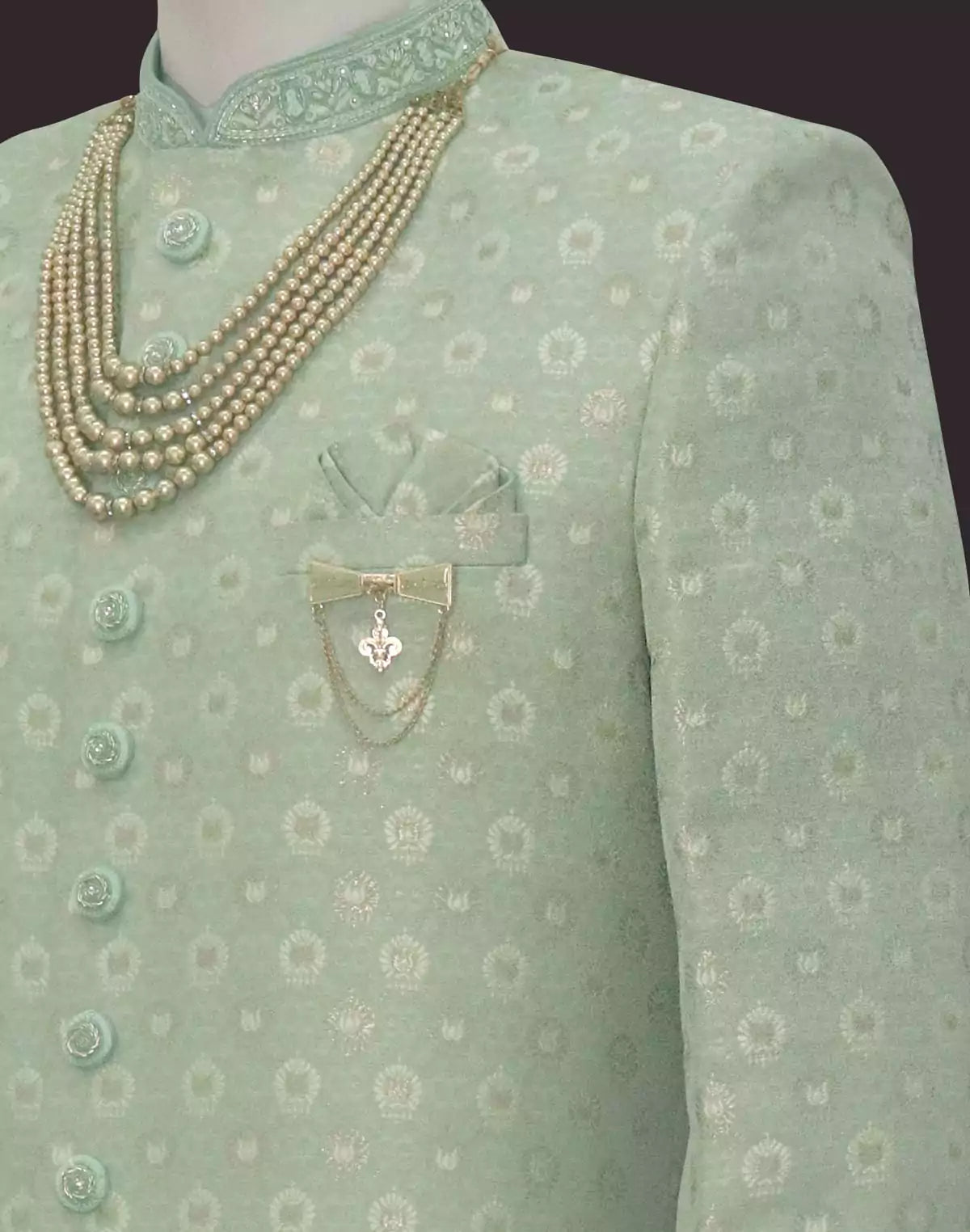 Image of Pista Green Jacquard Fully Self Design With Patiyala Indo Western Set