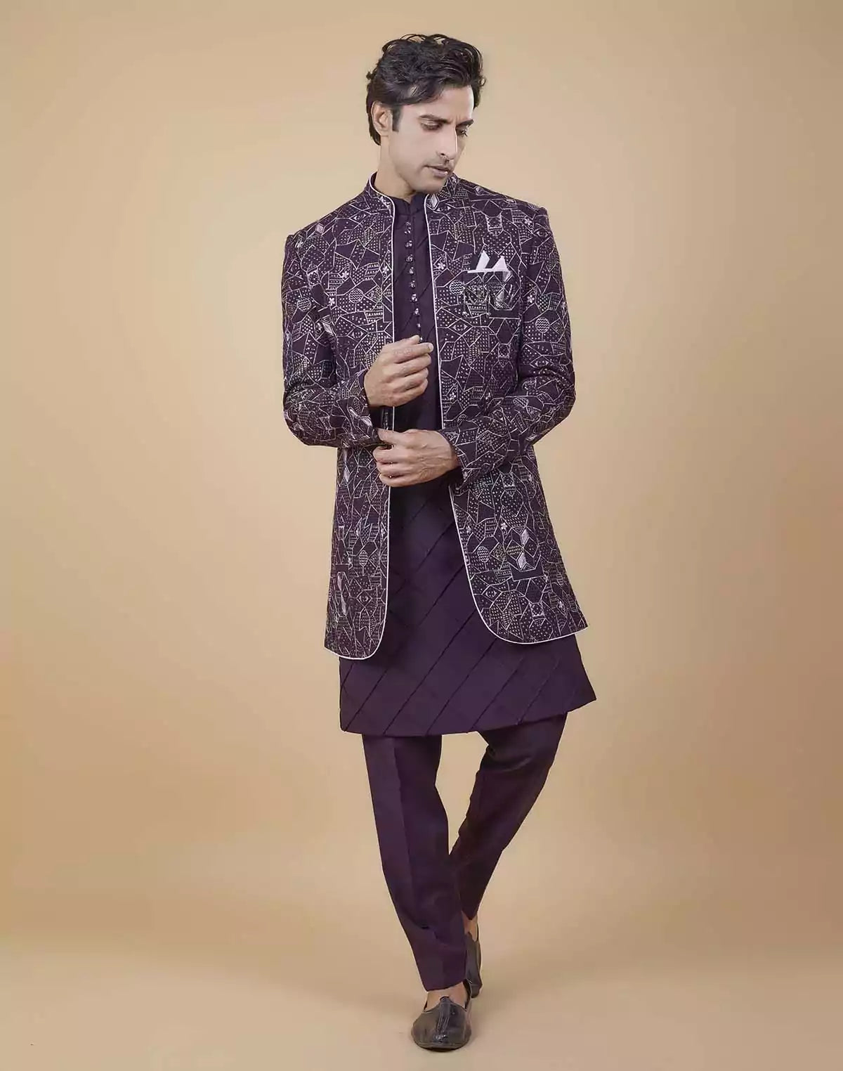 Image of Windsor Wine All Over Fully Embroidered and Sequence work Open Jacket Style