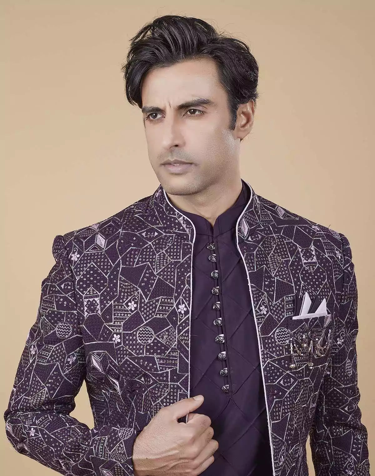 Image of Windsor Wine All Over Fully Embroidered and Sequence work Open Jacket Style