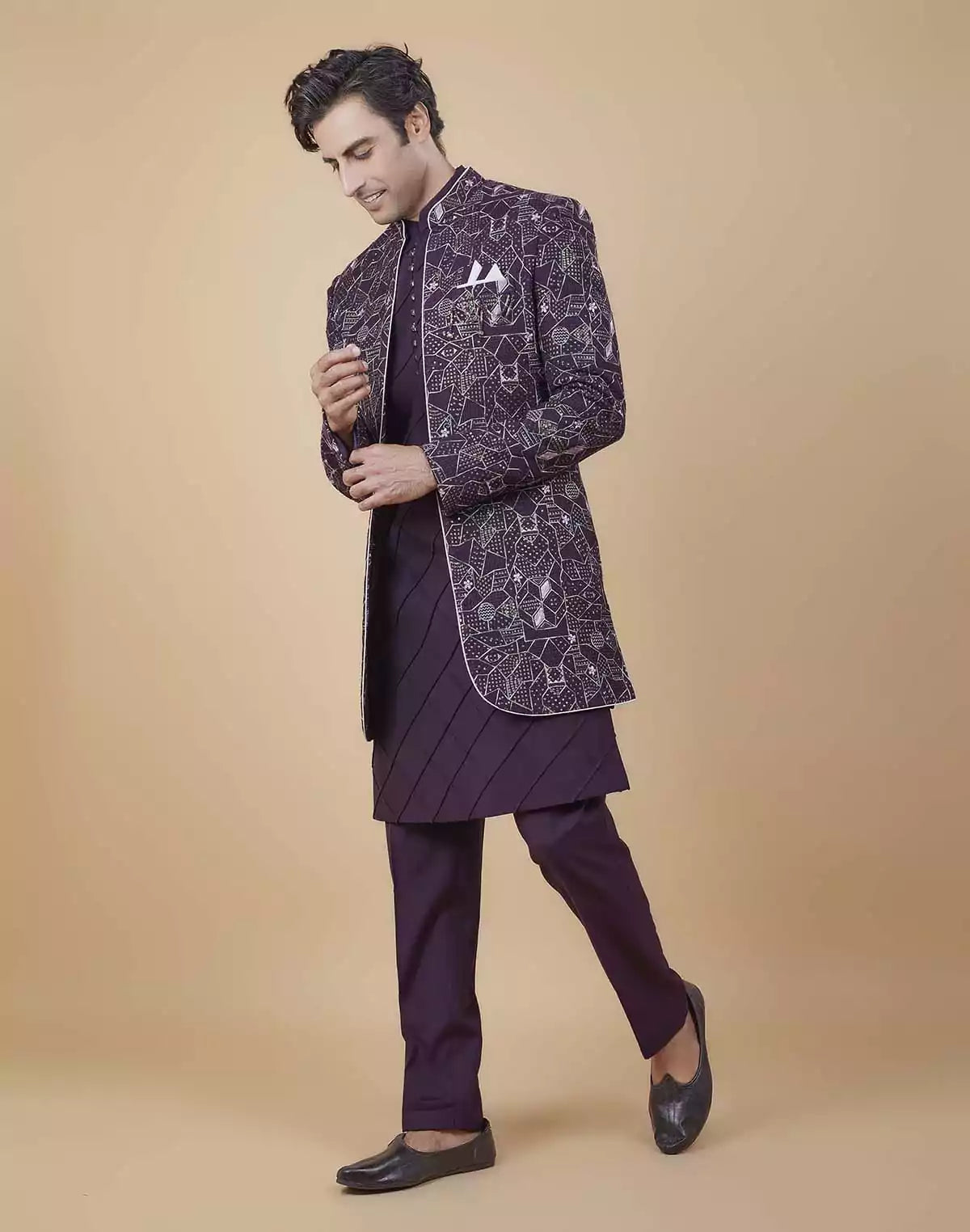 Image of Windsor Wine All Over Fully Embroidered and Sequence work Open Jacket Style