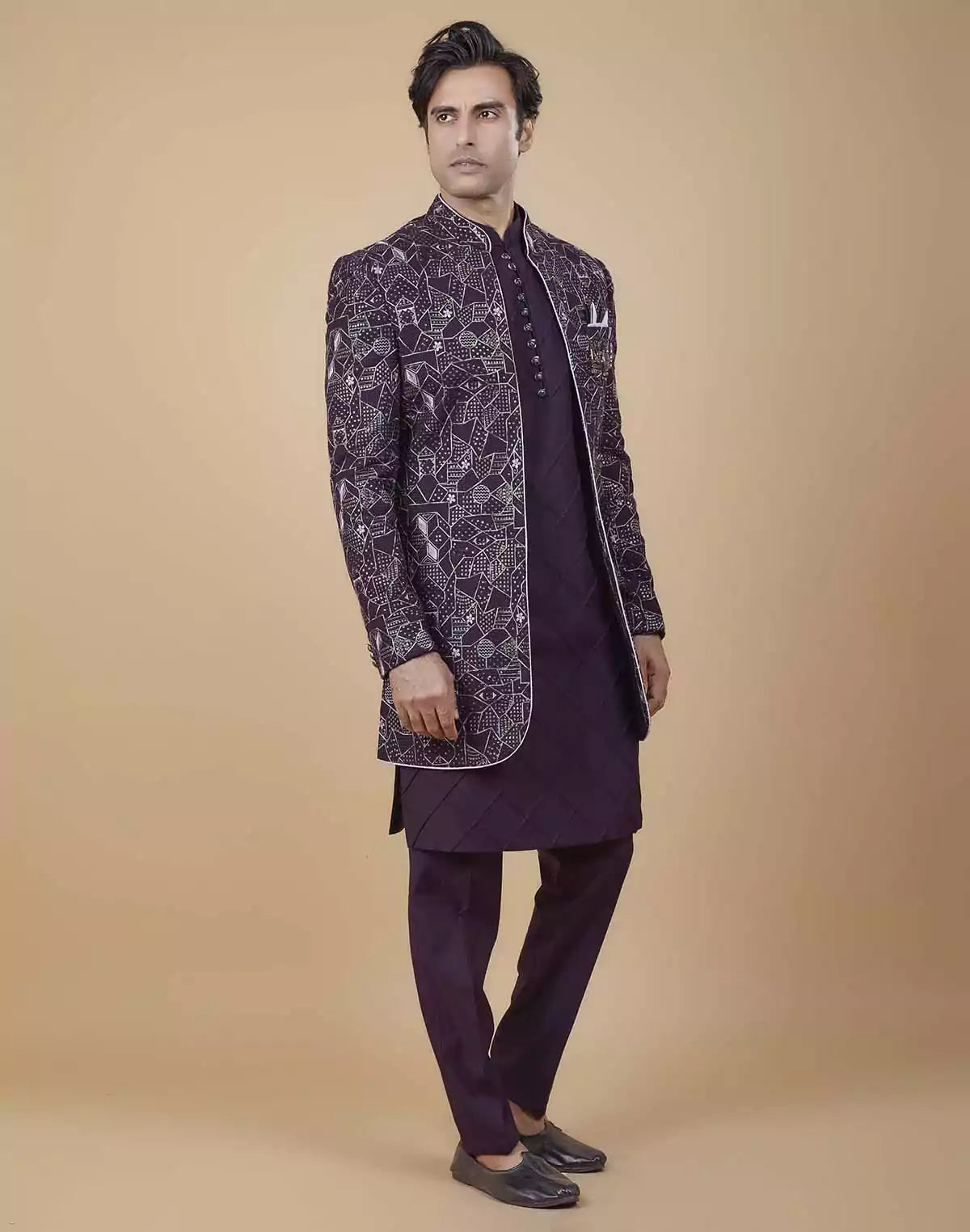 Image of Windsor Wine All Over Fully Embroidered and Sequence work Open Jacket Style