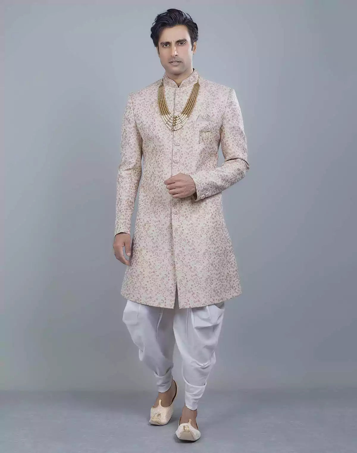 Image of Graceful Peach Self All Over Floral Jacquard Design Indo Sherwani