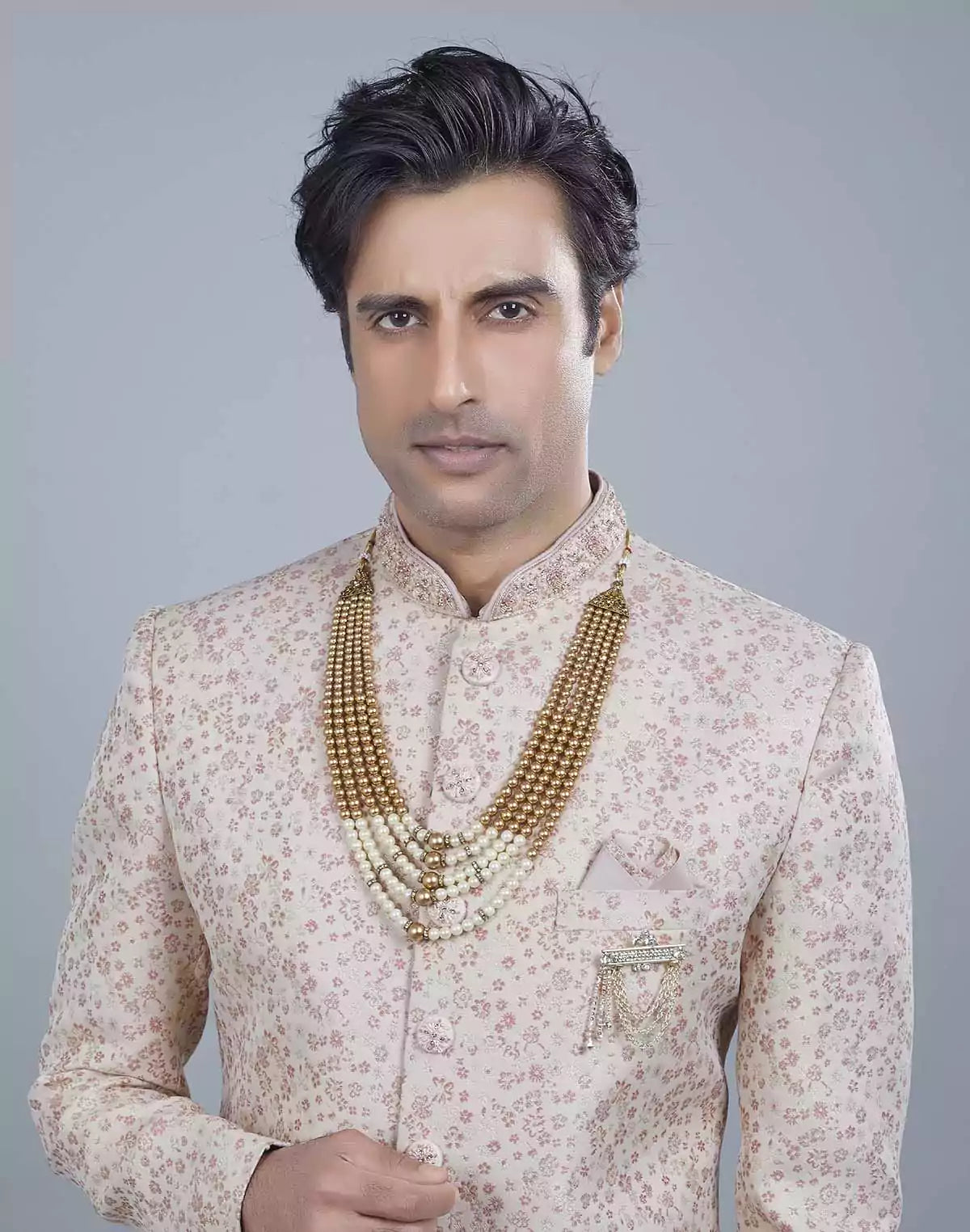 Image of Graceful Peach Self All Over Floral Jacquard Design Indo Sherwani
