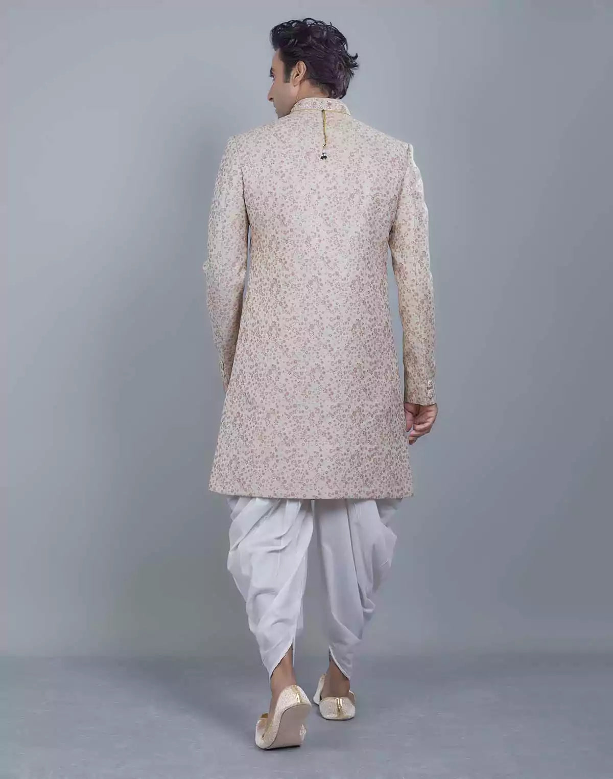Image of Graceful Peach Self All Over Floral Jacquard Design Indo Sherwani