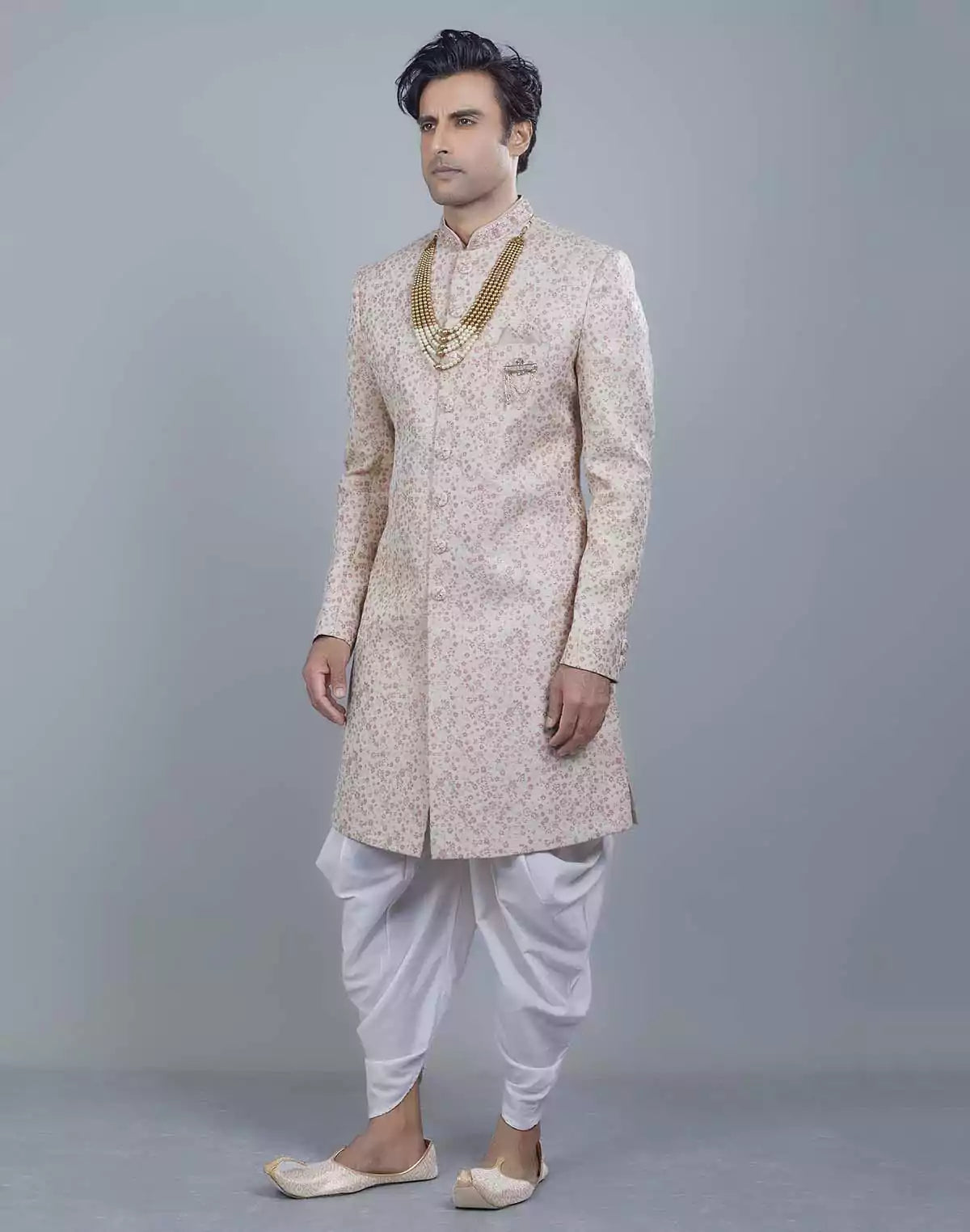 Image of Graceful Peach Self All Over Floral Jacquard Design Indo Sherwani