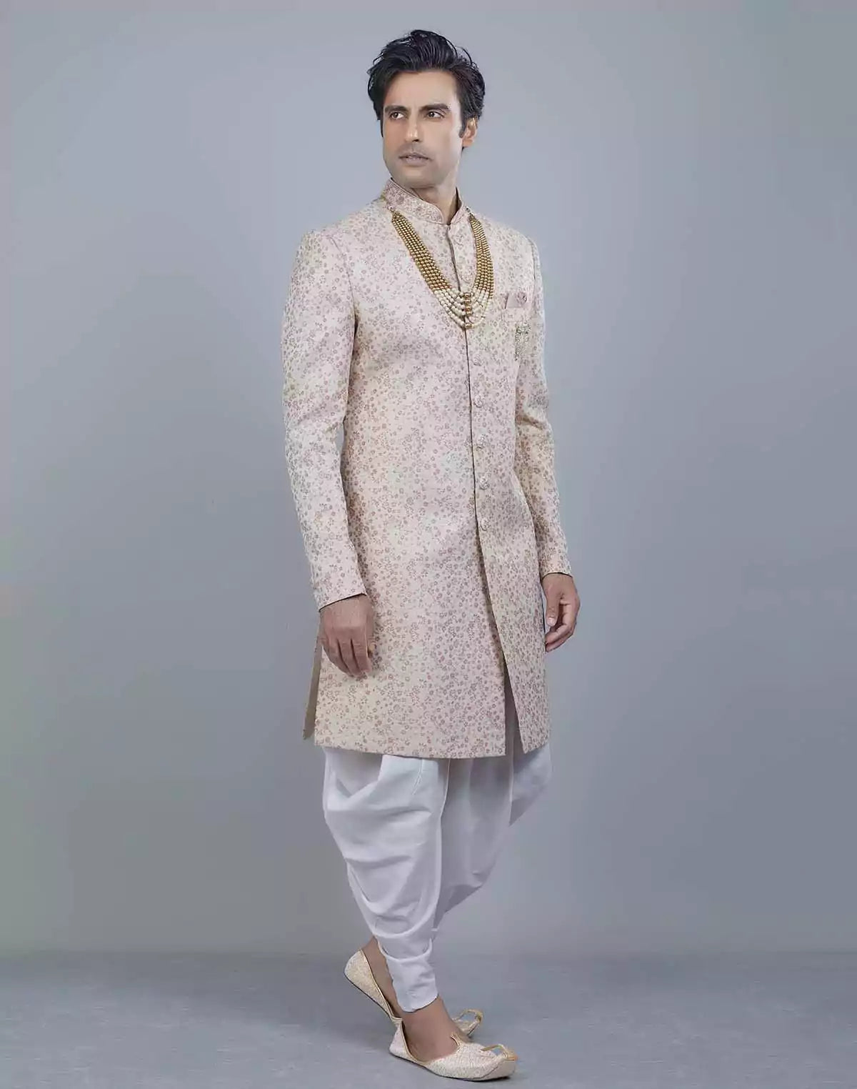 Image of Graceful Peach Self All Over Floral Jacquard Design Indo Sherwani