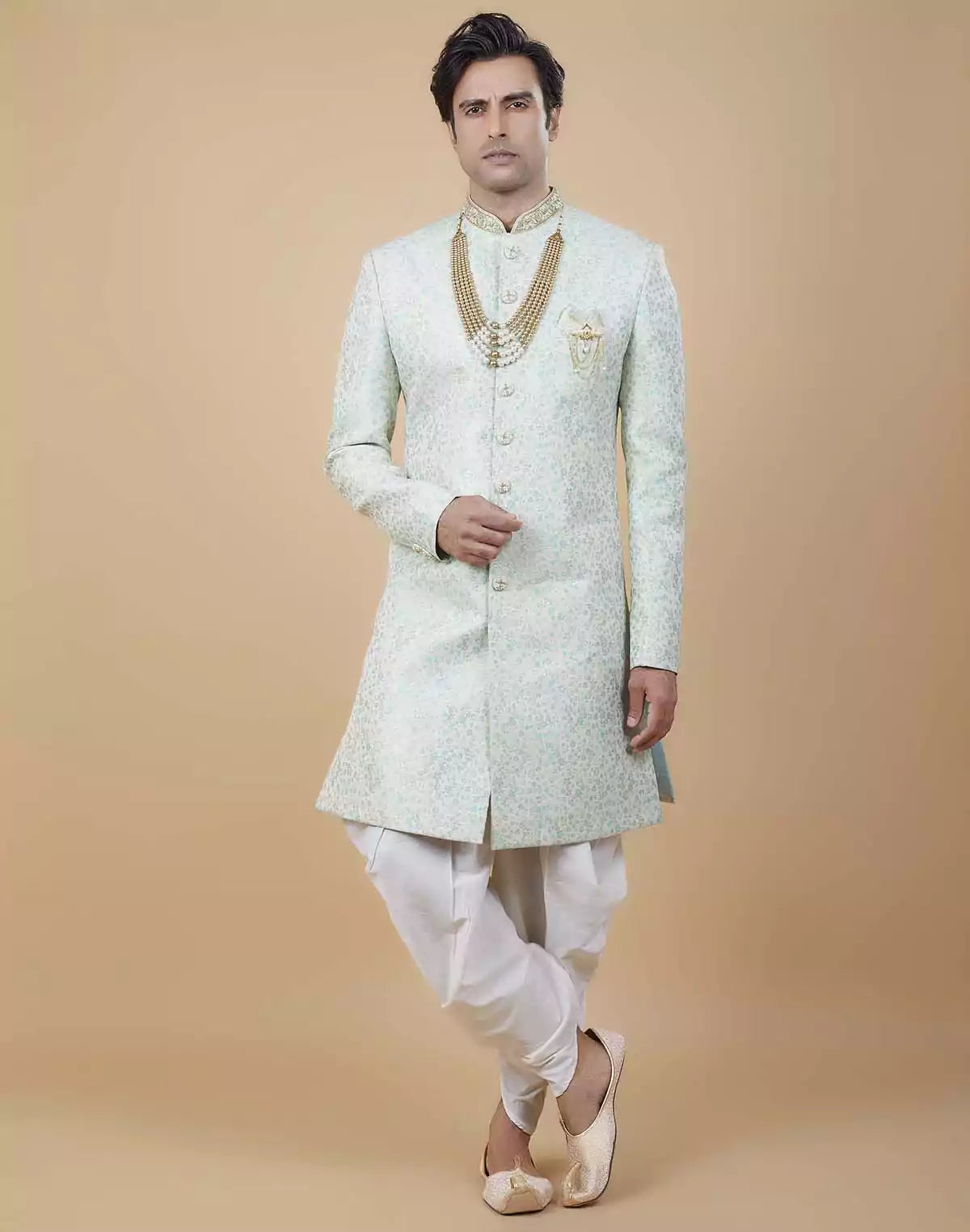 Image of Classy Sea Green Colour Self All Over Floral Jacquard Design Indo Sherwani
