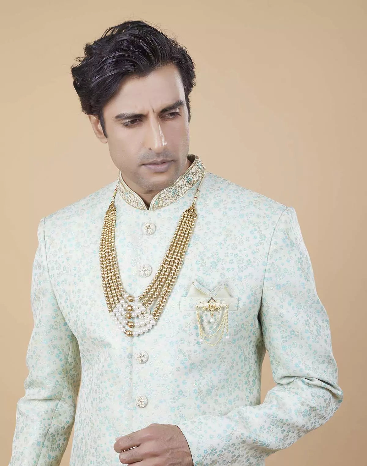 Image of Classy Sea Green Colour Self All Over Floral Jacquard Design Indo Sherwani