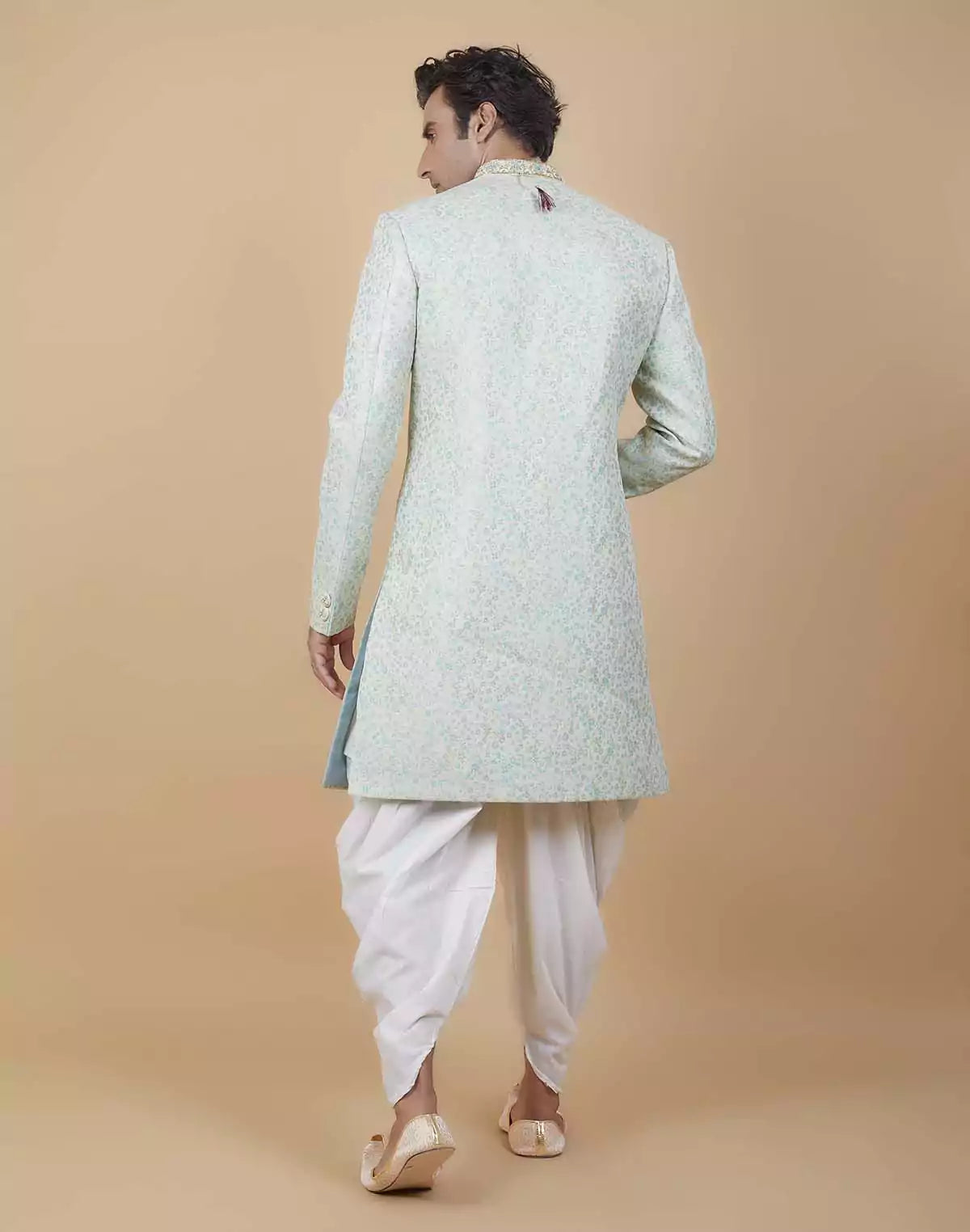 Image of Classy Sea Green Colour Self All Over Floral Jacquard Design Indo Sherwani