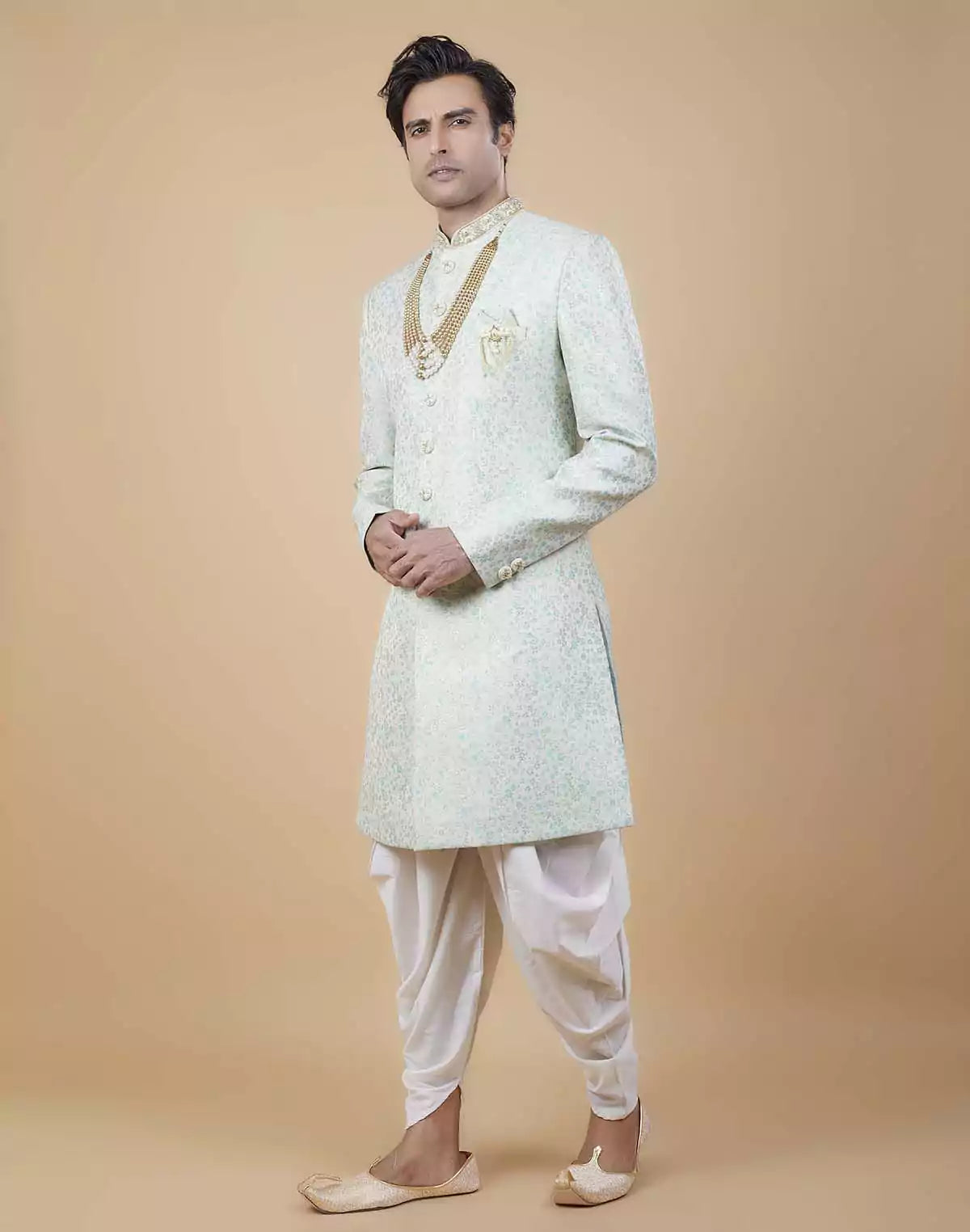 Image of Classy Sea Green Colour Self All Over Floral Jacquard Design Indo Sherwani