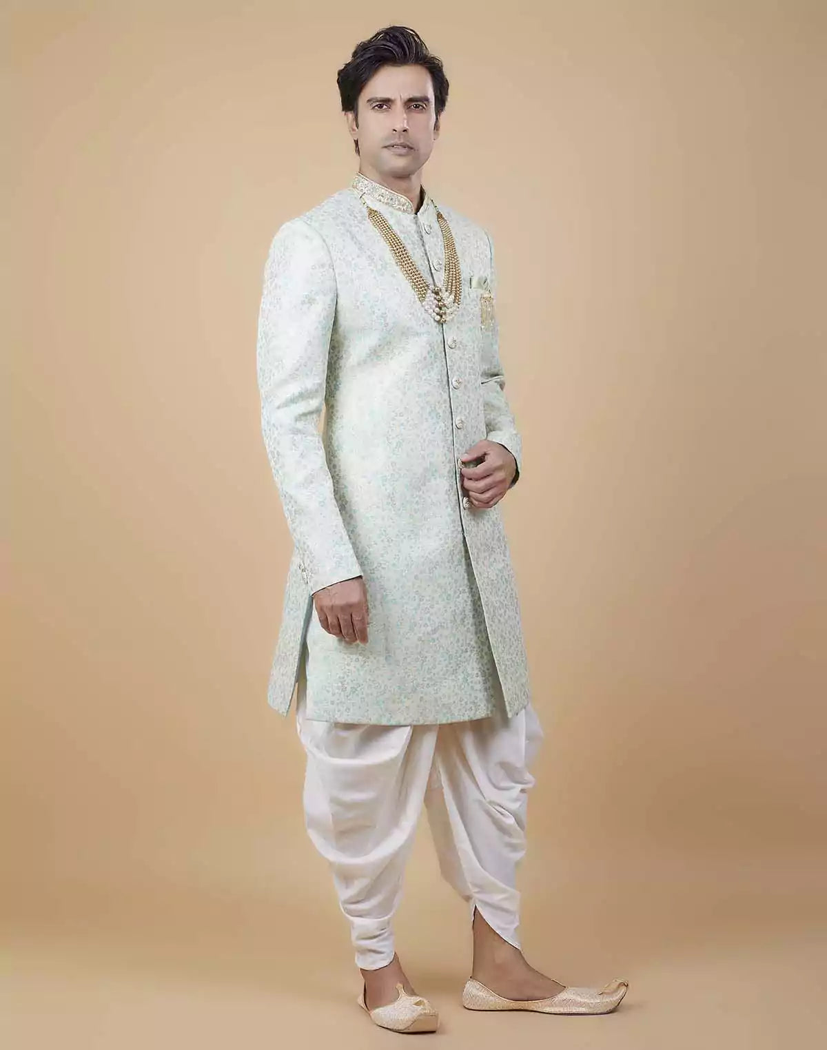 Image of Classy Sea Green Colour Self All Over Floral Jacquard Design Indo Sherwani