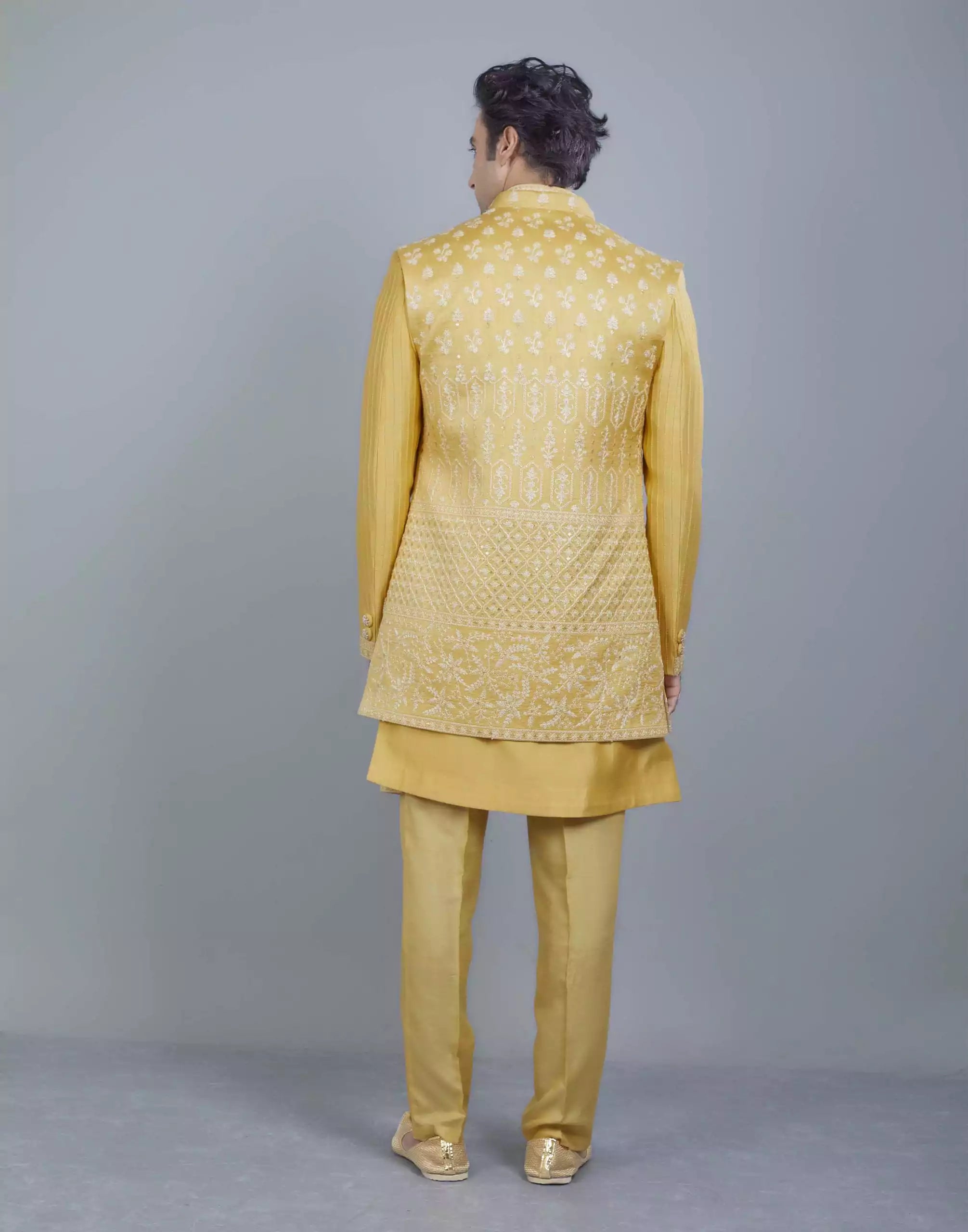 Image of All Over Beautifully Yellow Coloured Embroidery work Open Jakcet Style