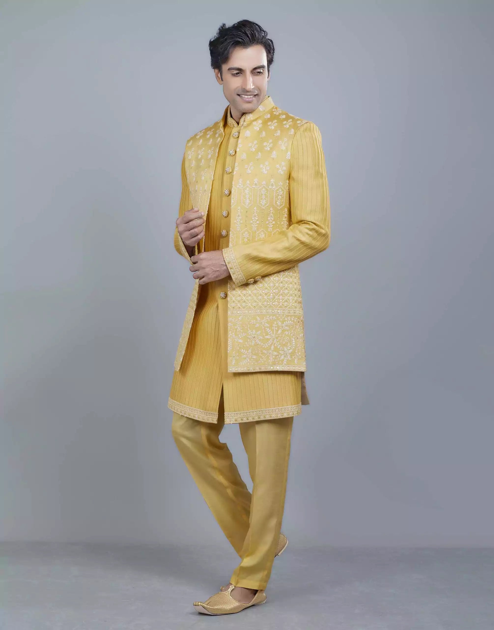 Image of All Over Beautifully Yellow Coloured Embroidery work Open Jakcet Style