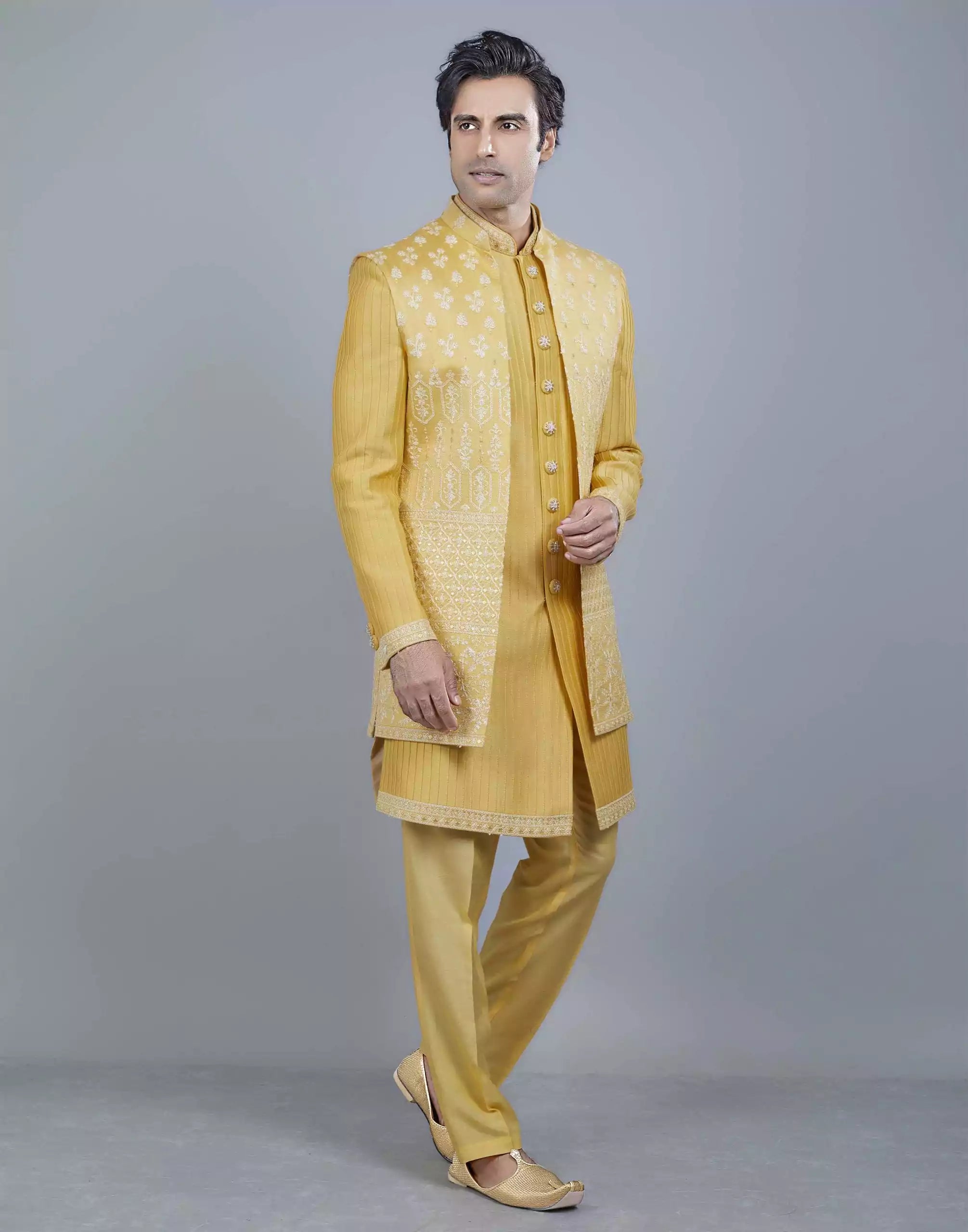 Image of All Over Beautifully Yellow Coloured Embroidery work Open Jakcet Style