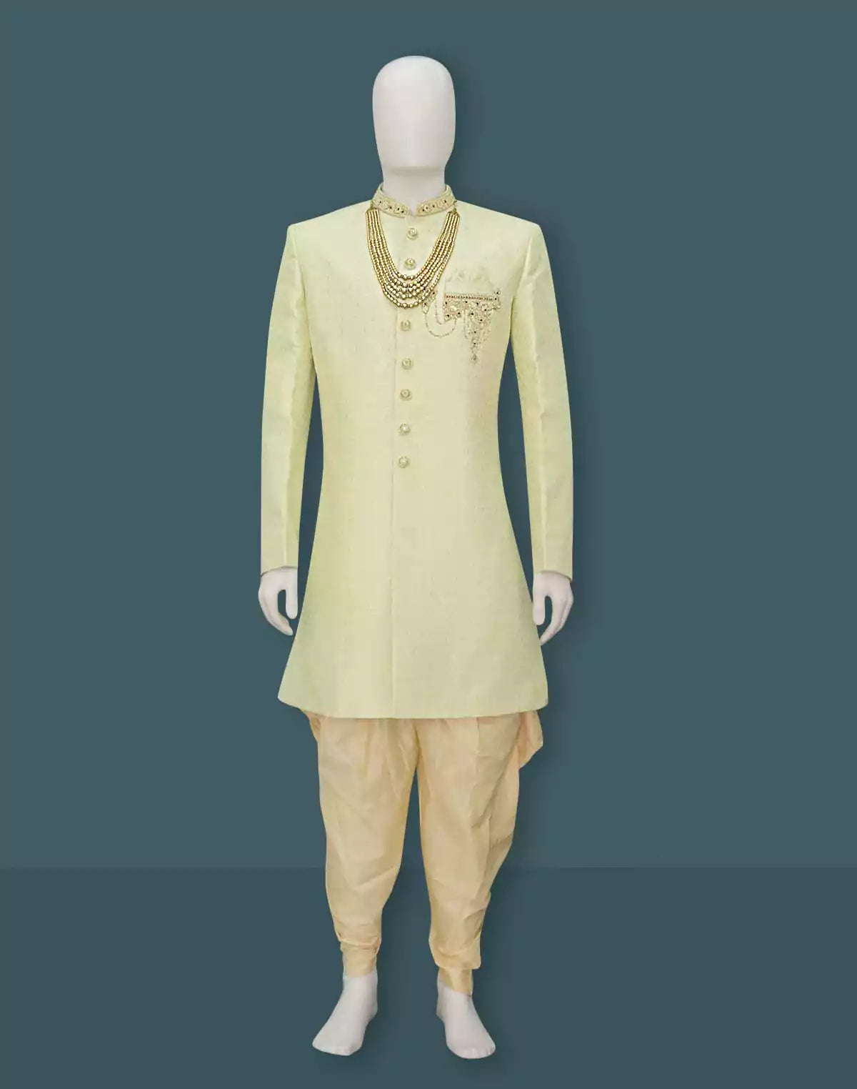 Image of Lemon Yellow Jacquard Indo Western Set