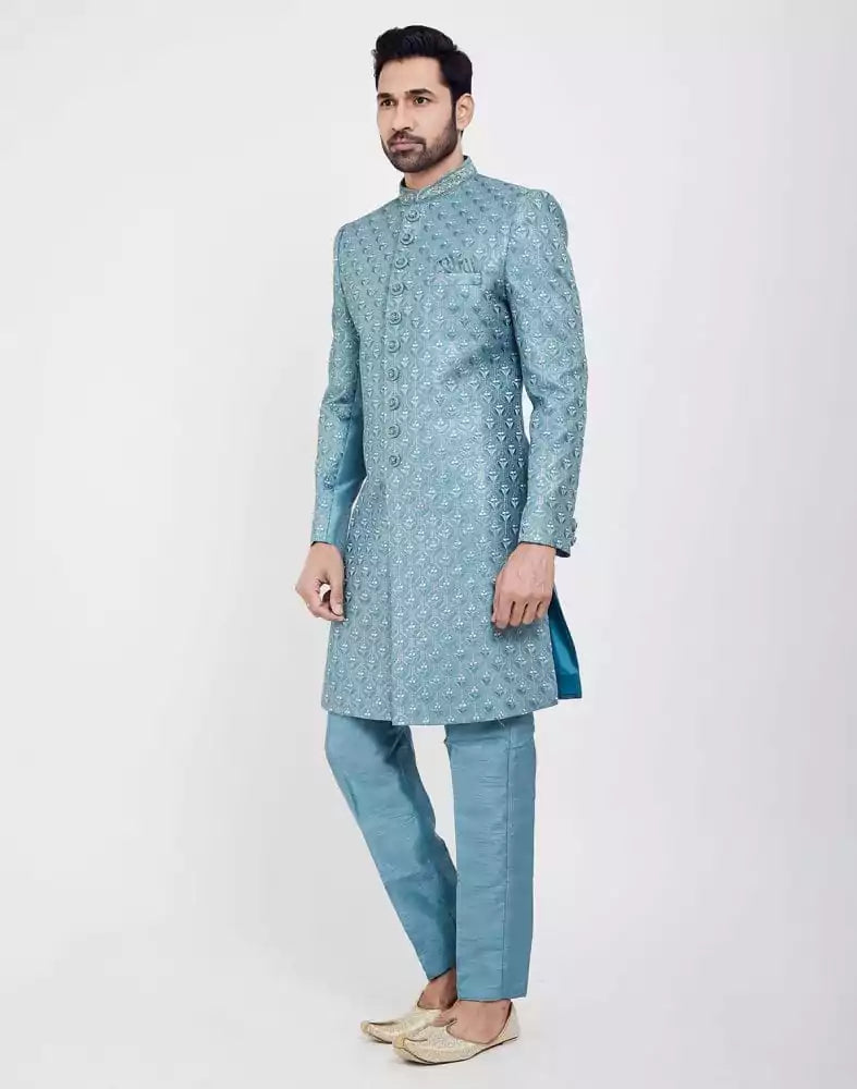 Image of Jacquard Grey Coloured Floral Indo-Western Set