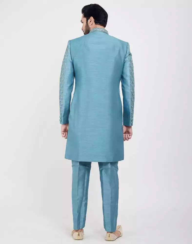 Image of Jacquard Grey Coloured Floral Indo-Western Set