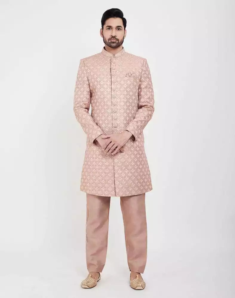 Image of Peach Colour Jacquard Thread And Sequence Work Indo Western Sherwani Set