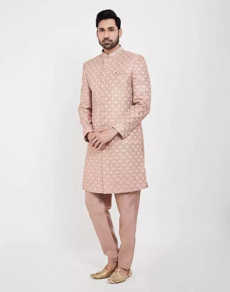 Image of Peach Colour Jacquard Thread And Sequence Work Indo Western Sherwani Set