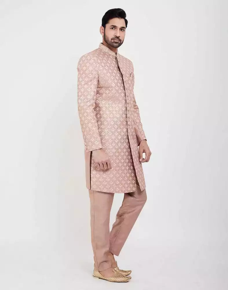 Image of Peach Colour Jacquard Thread And Sequence Work Indo Western Sherwani Set