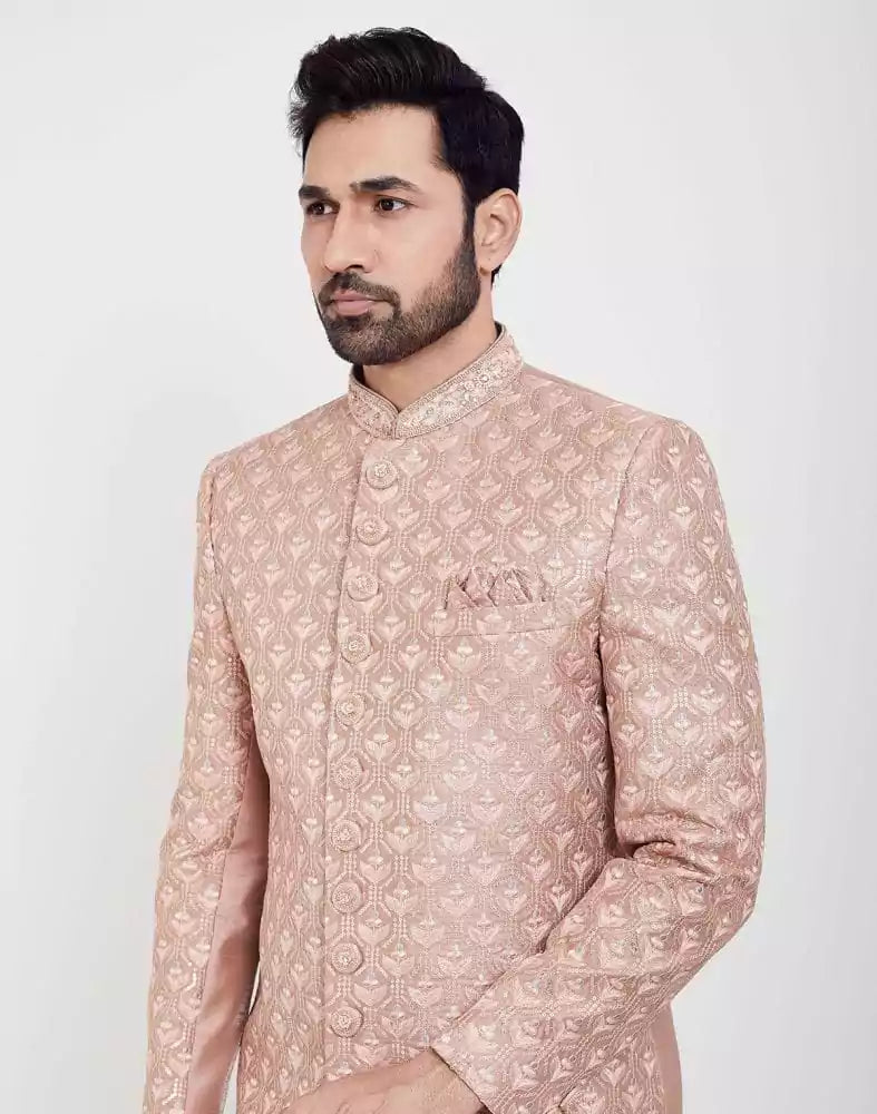 Image of Peach Colour Jacquard Thread And Sequence Work Indo Western Sherwani Set