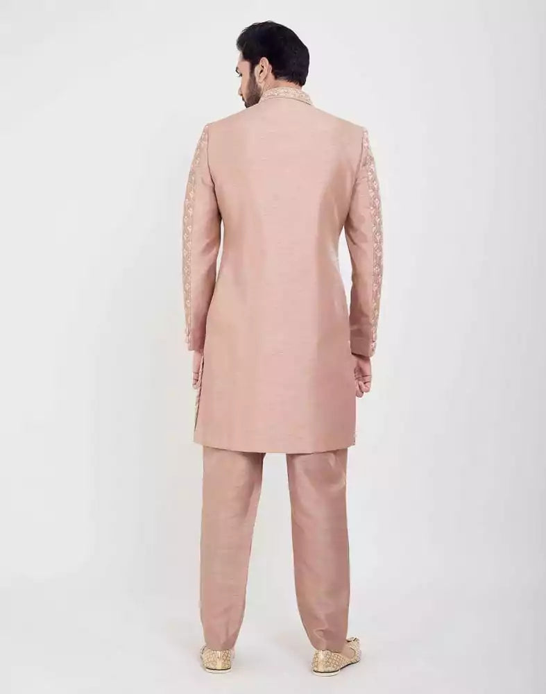 Image of Peach Colour Jacquard Thread And Sequence Work Indo Western Sherwani Set