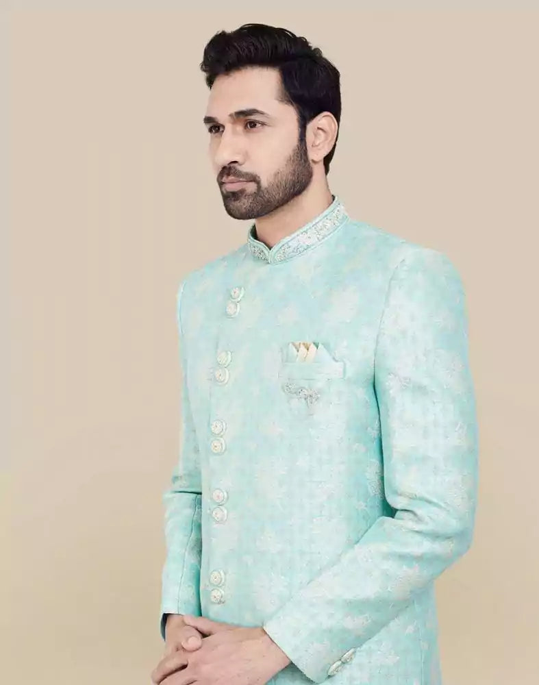 Image of Sky Blue Self all over Brocade Indo Western Sherwani Set