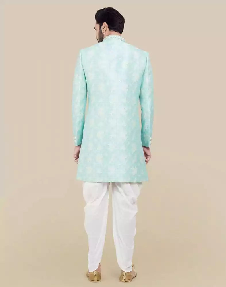 Image of Sky Blue Self all over Brocade Indo Western Sherwani Set