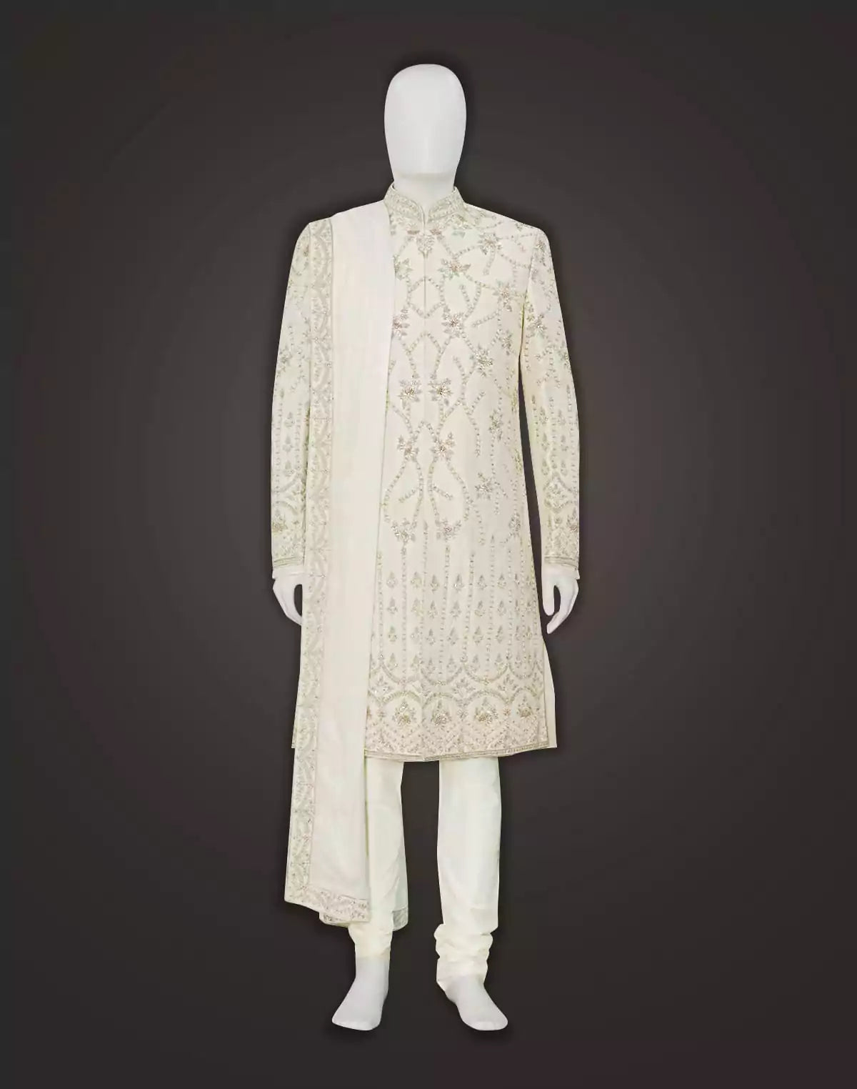 Image of Attractive White Coloured Zardosi work Raw Silk Indo Western Set with Dupatta