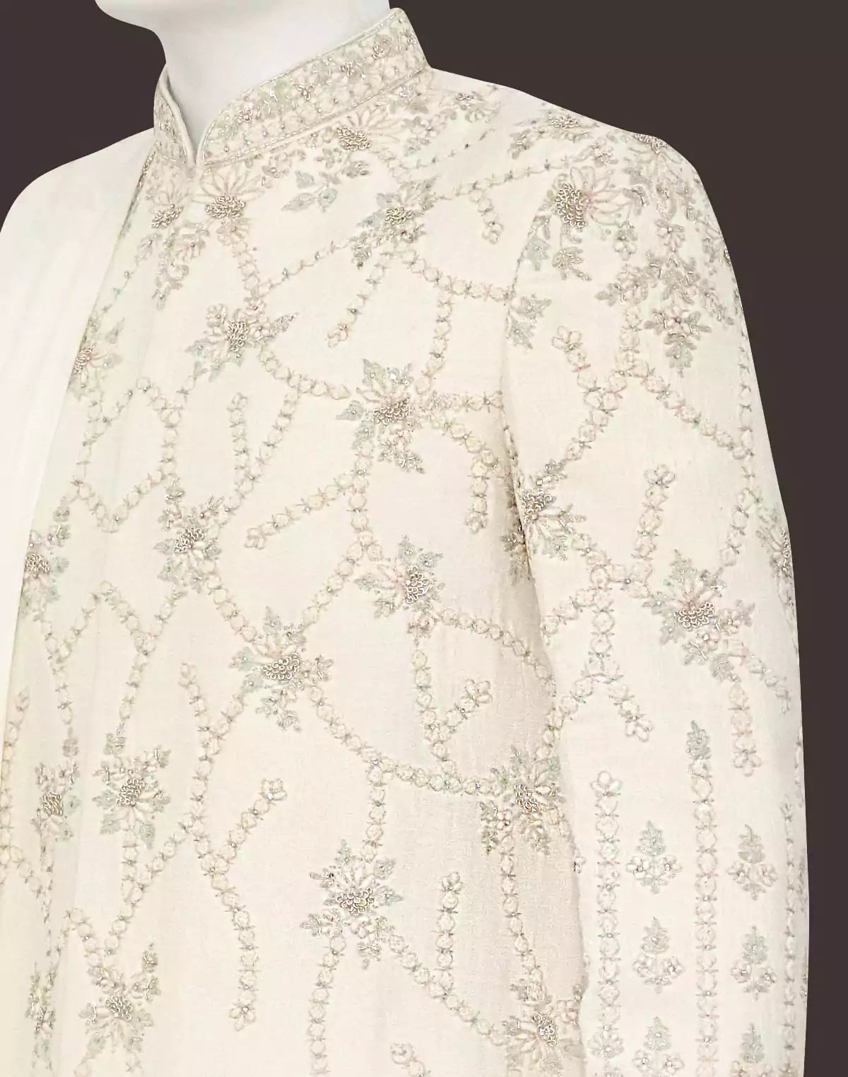 Image of Attractive White Coloured Zardosi work Raw Silk Indo Western Set with Dupatta