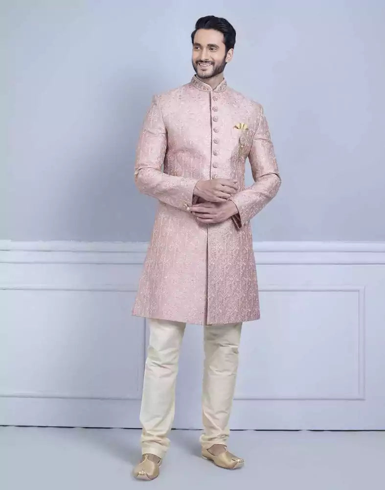 Image of Light Pink Premium Embroidery Work Sherwani For Wedding