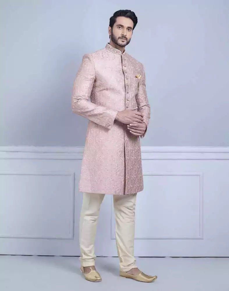 Image of Light Pink Premium Embroidery Work Sherwani For Wedding