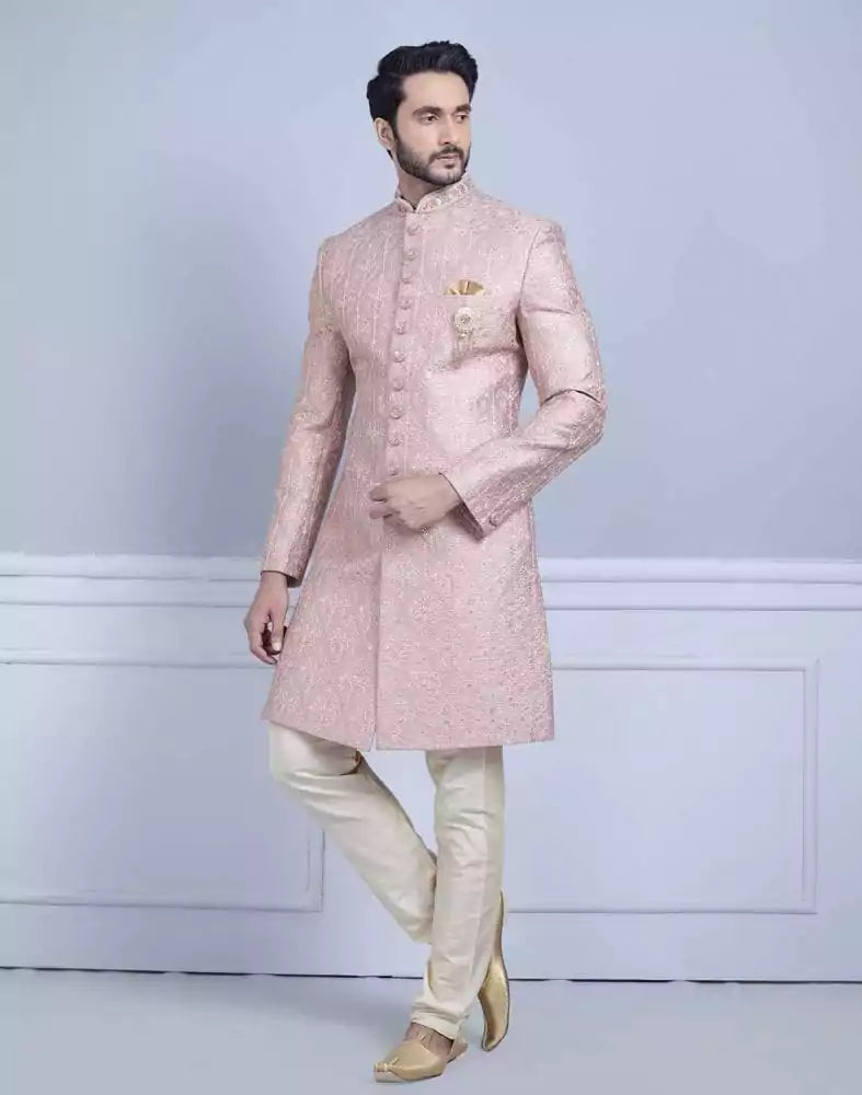 Image of Light Pink Premium Embroidery Work Sherwani For Wedding