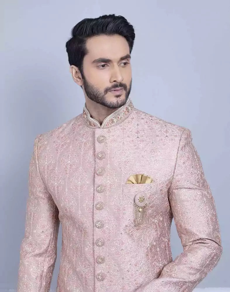 Image of Light Pink Premium Embroidery Work Sherwani For Wedding