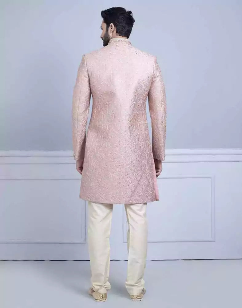 Image of Light Pink Premium Embroidery Work Sherwani For Wedding